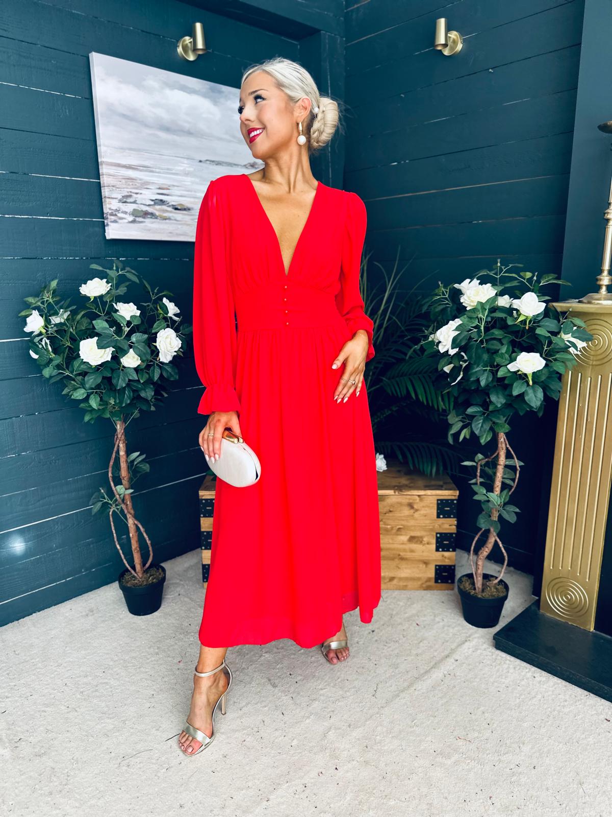 Cliona Banded Midi Dress Red