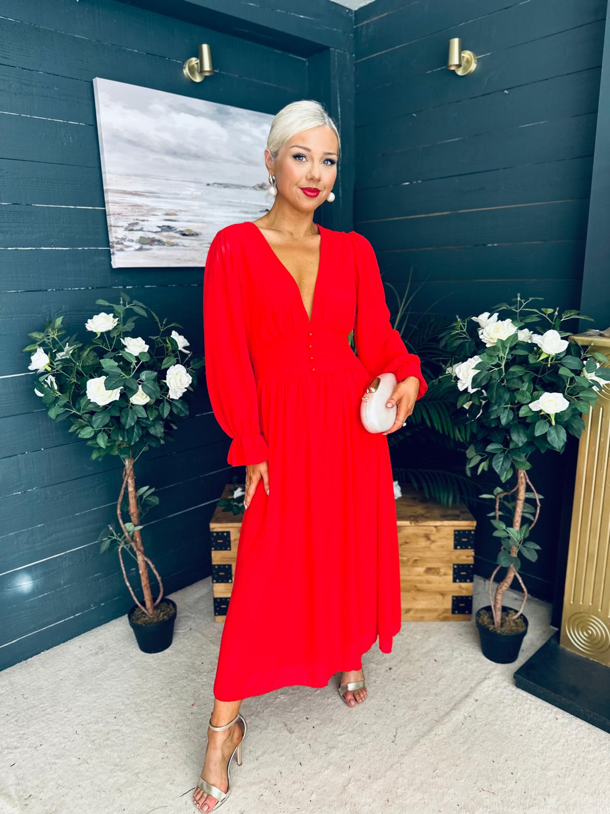 Cliona Banded Midi Dress Red