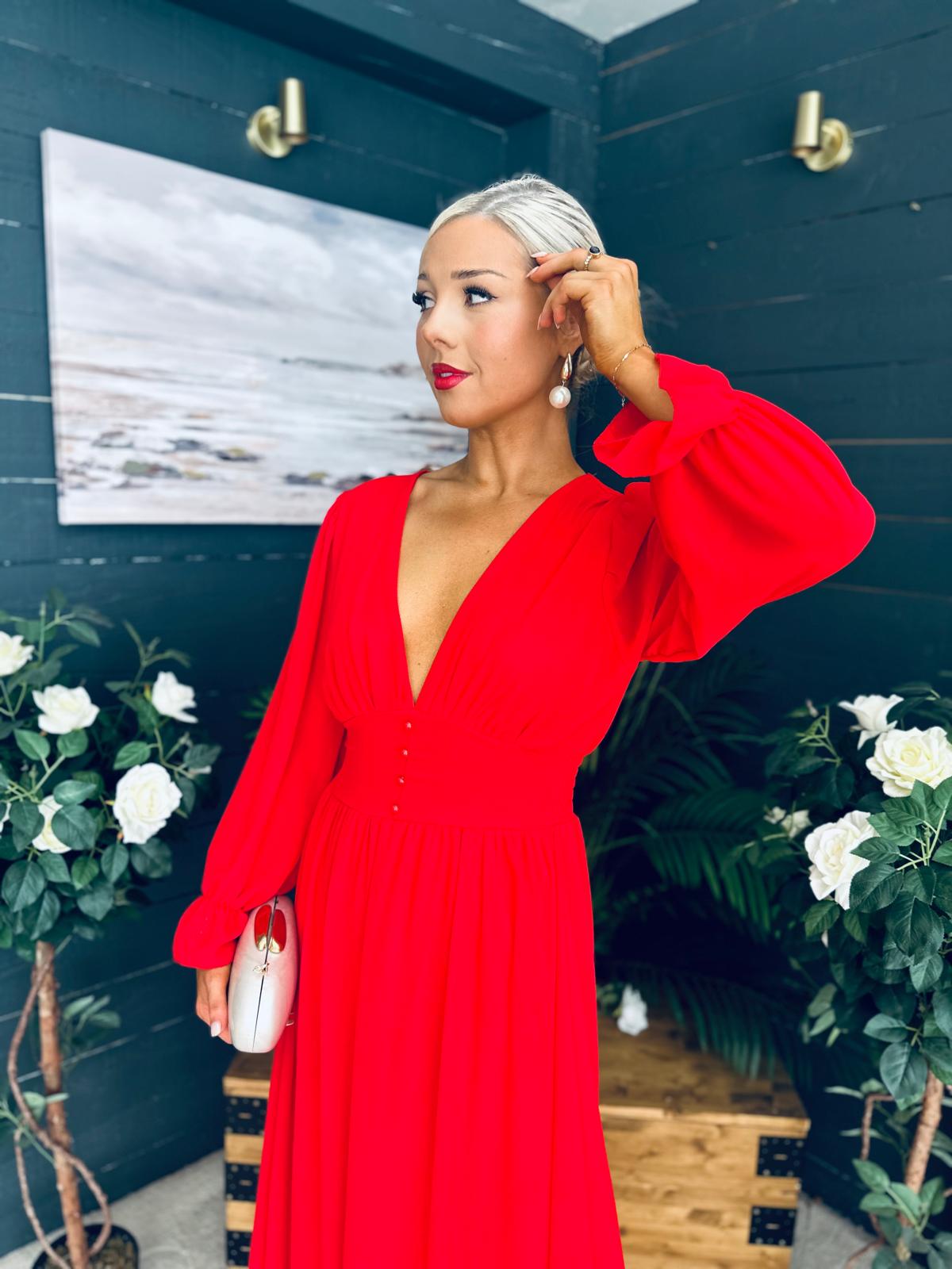 Cliona Banded Midi Dress Red