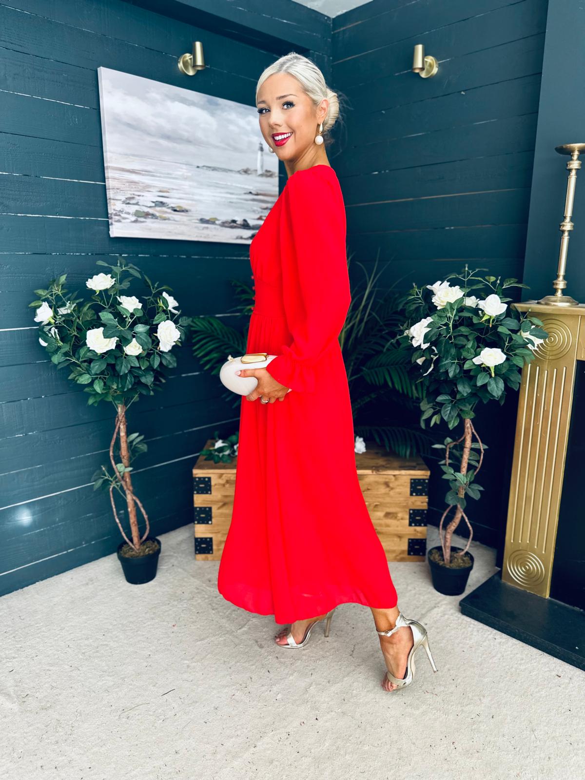 Cliona Banded Midi Dress Red