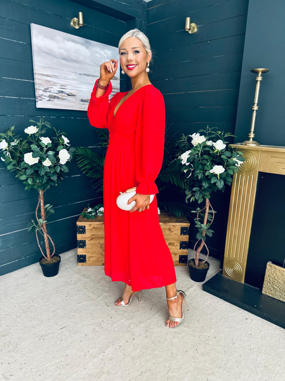 Cliona Banded Midi Dress Red