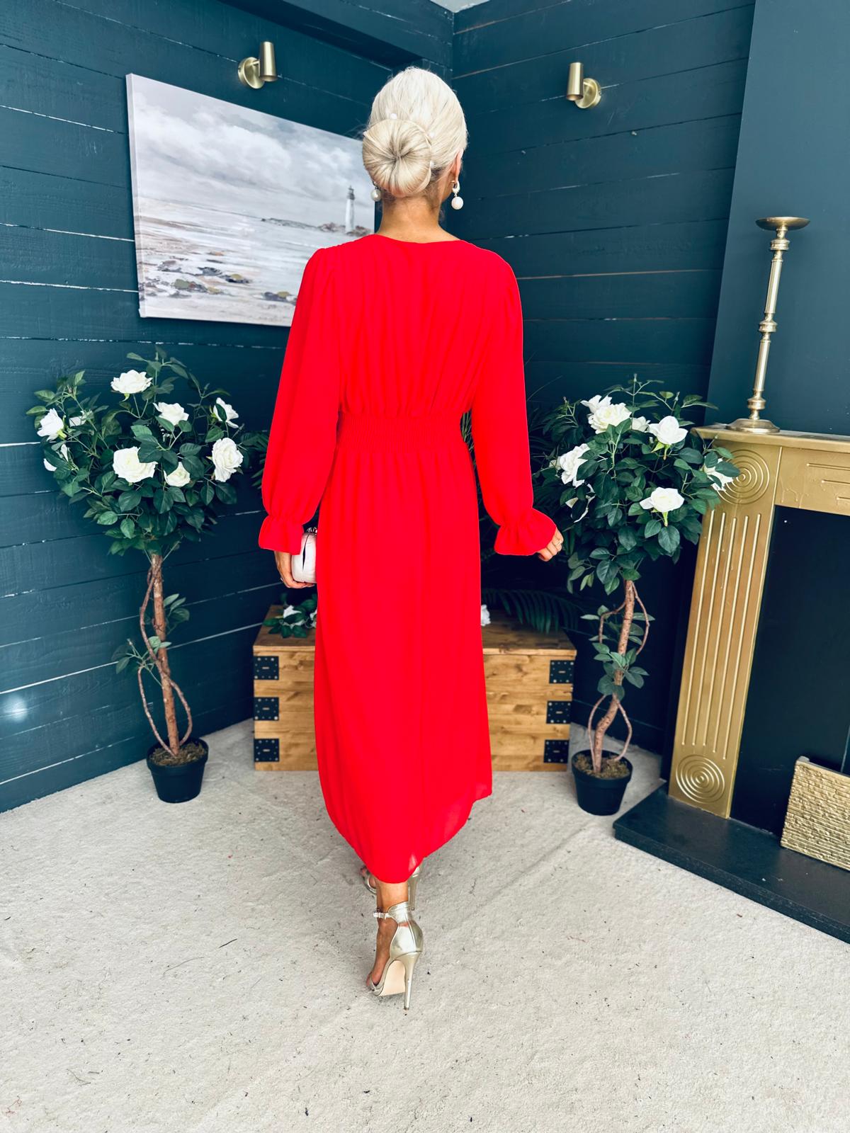 Cliona Banded Midi Dress Red