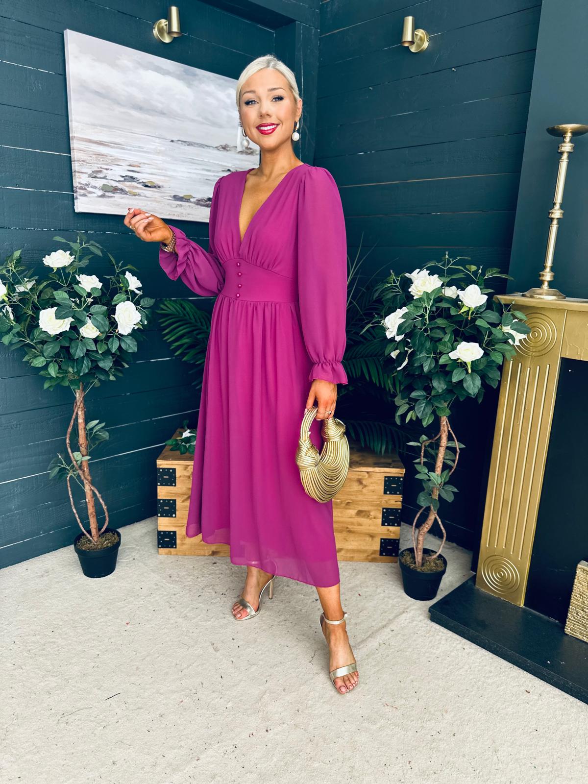 Cliona Banded Midi Dress Berry