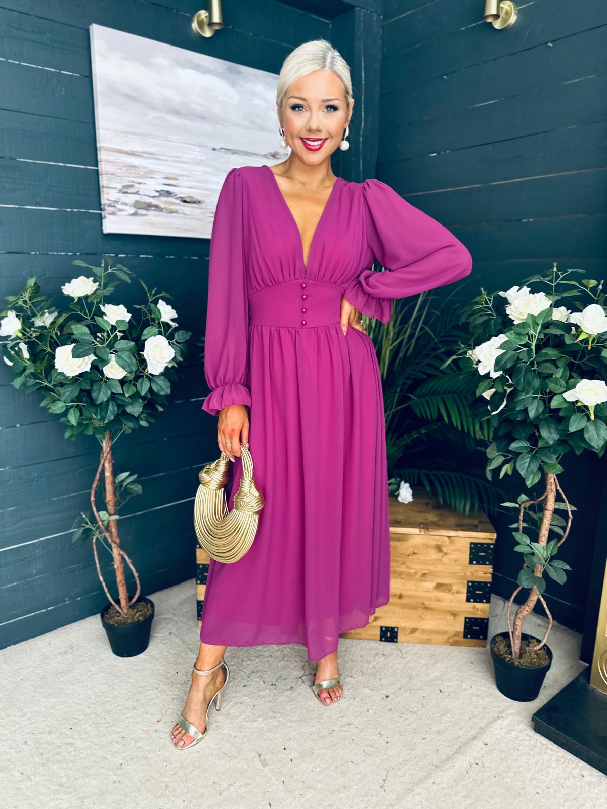 Cliona Banded Midi Dress Berry