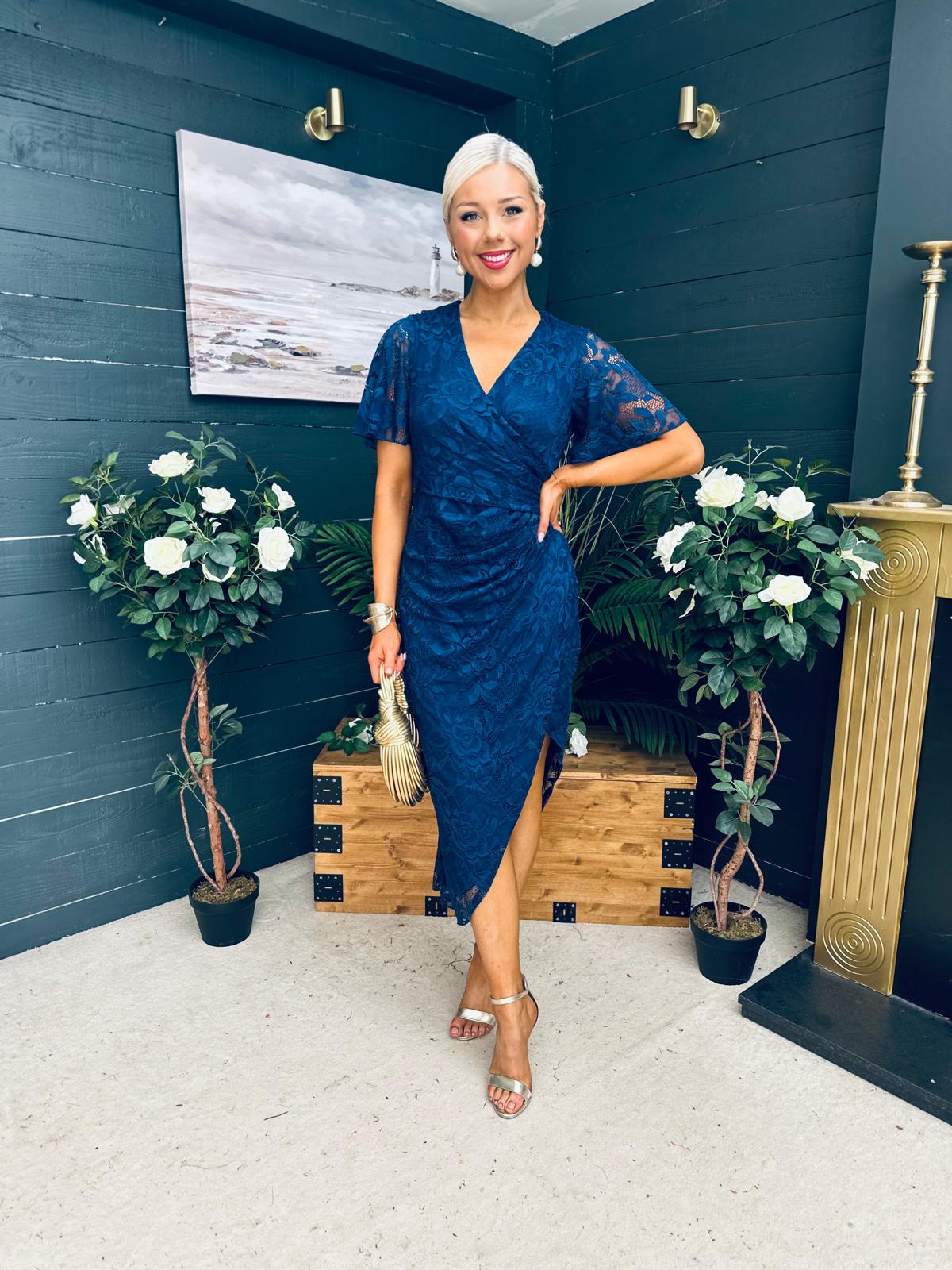 Natasha Angel Sleeve Midi Dress In Navy Lace