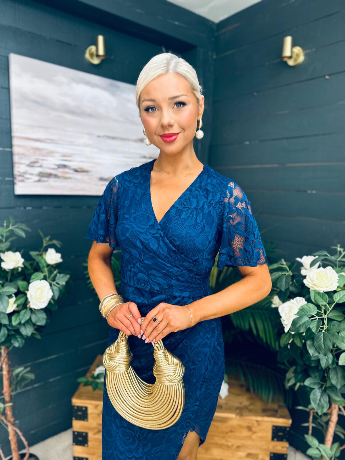 Natasha Angel Sleeve Midi Dress In Navy Lace