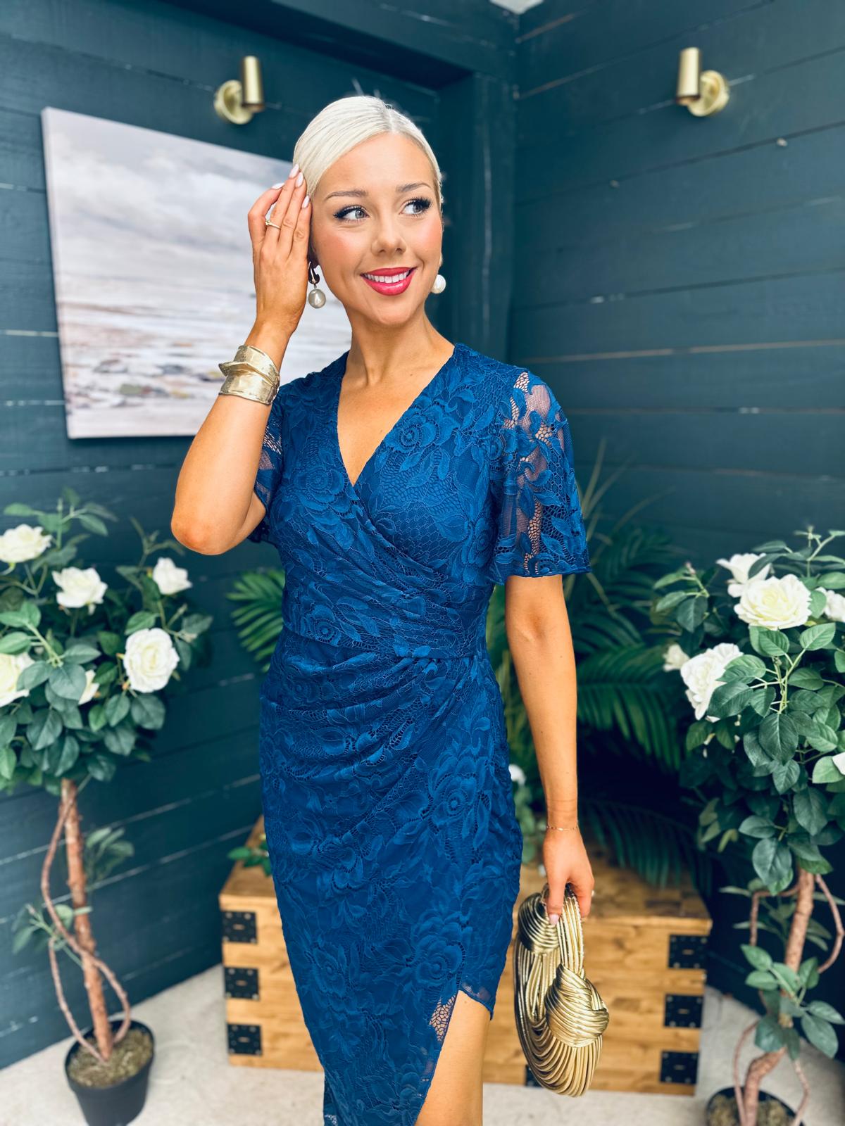 Natasha Angel Sleeve Midi Dress In Navy Lace