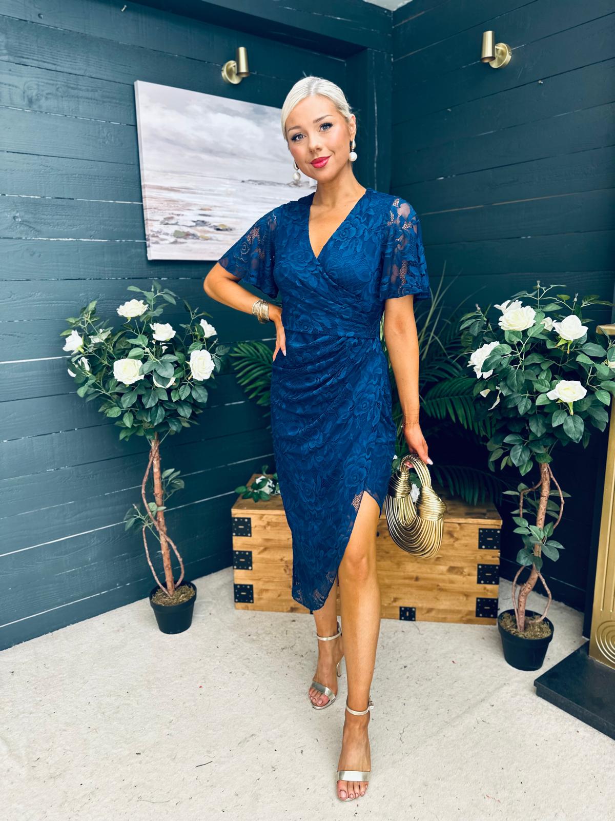 Natasha Angel Sleeve Midi Dress In Navy Lace