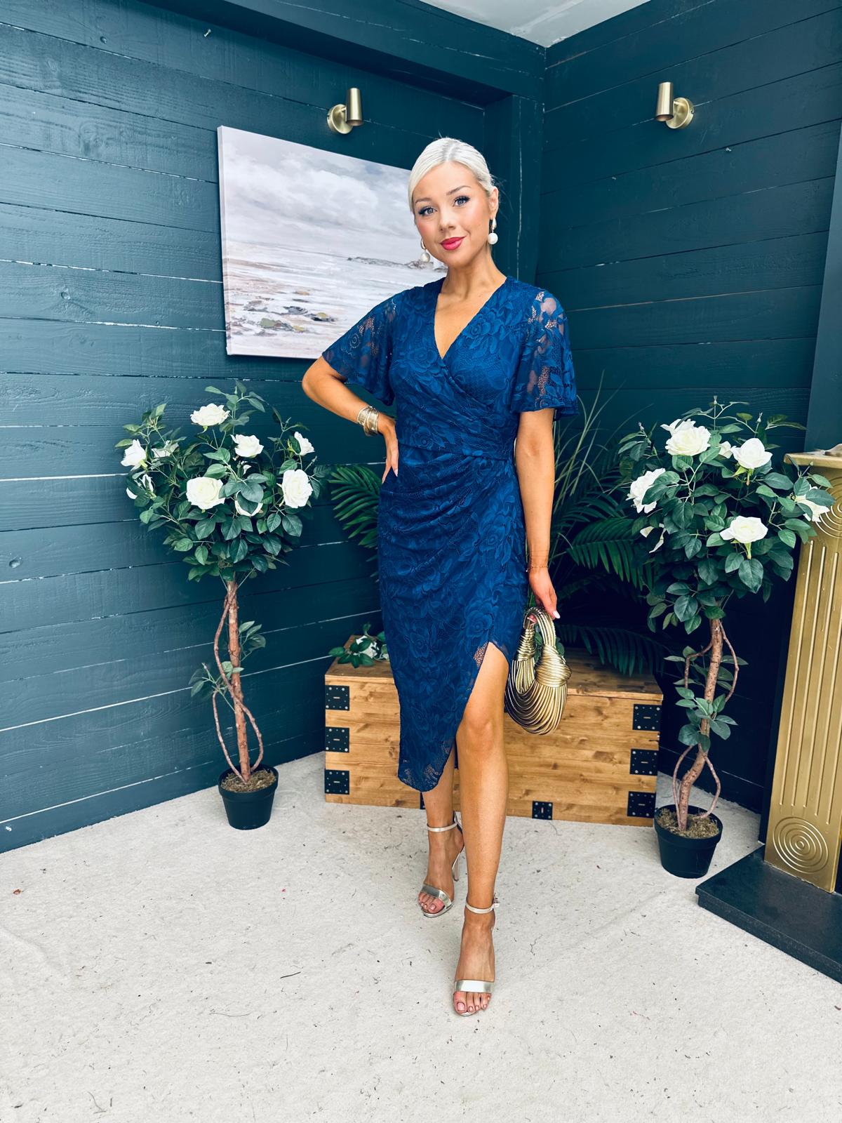 Natasha Angel Sleeve Midi Dress In Navy Lace