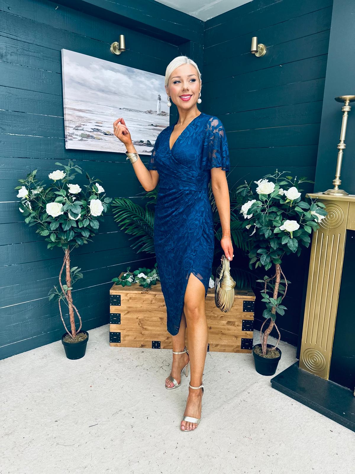 Natasha Angel Sleeve Midi Dress In Navy Lace