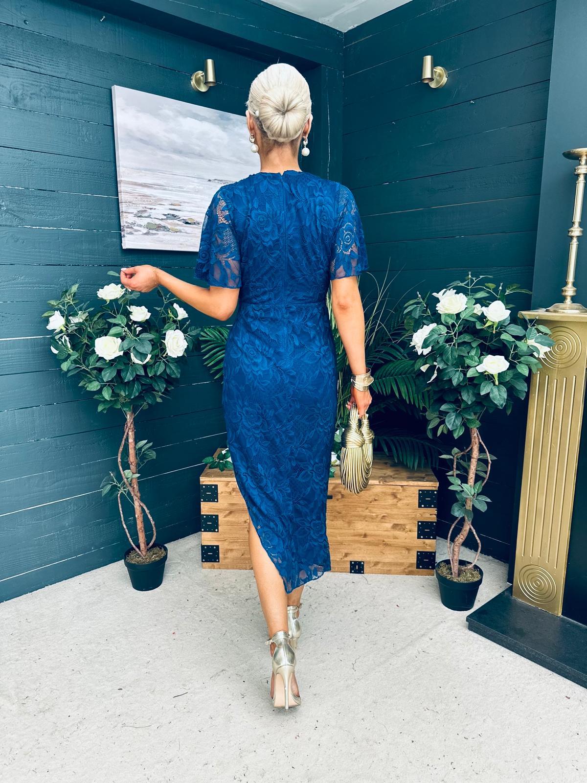 Natasha Angel Sleeve Midi Dress In Navy Lace