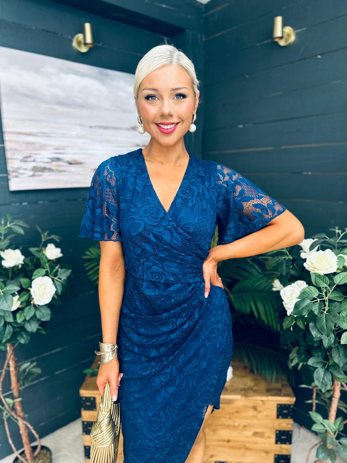 Natasha Angel Sleeve Midi Dress In Navy Lace