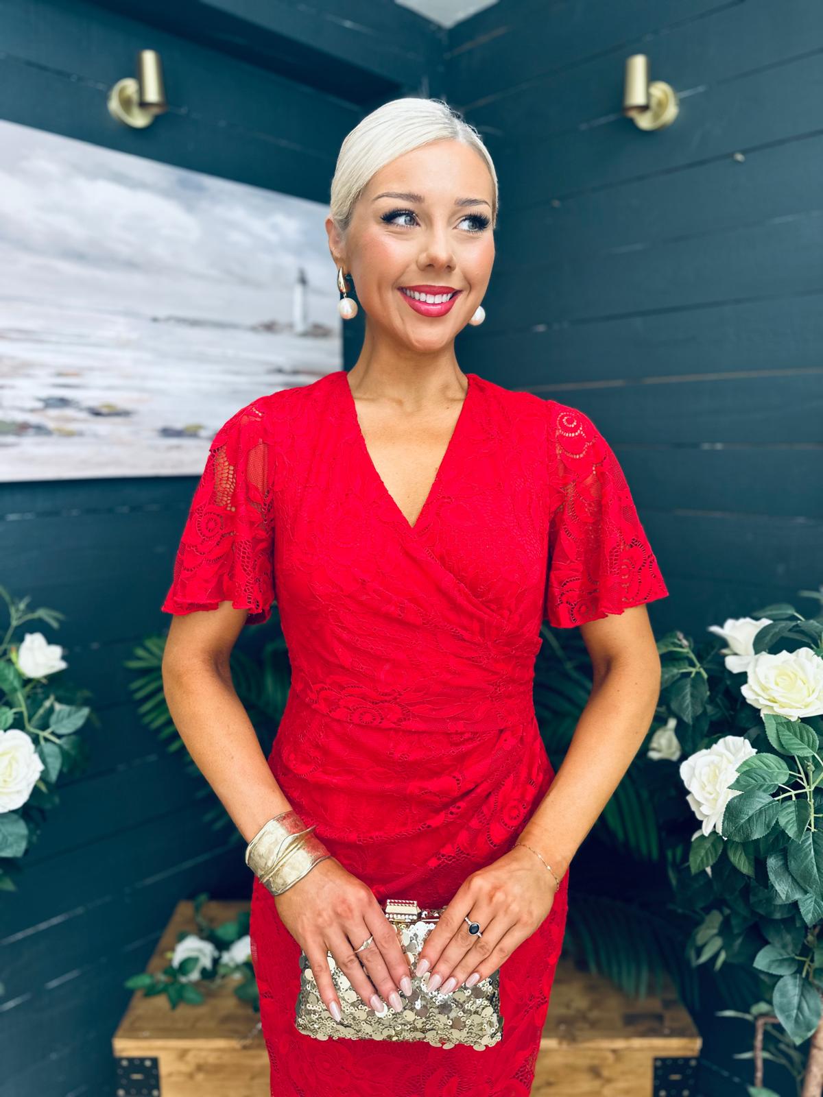 Natasha Angel Sleeve Midi Dress In Red Lace