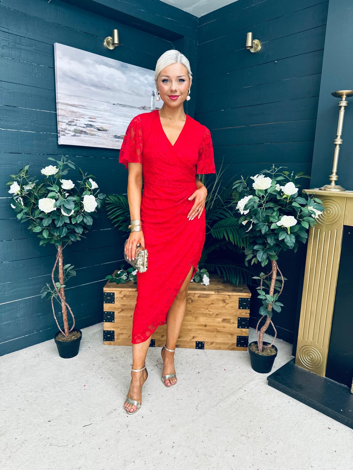 Natasha Angel Sleeve Midi Dress In Red Lace