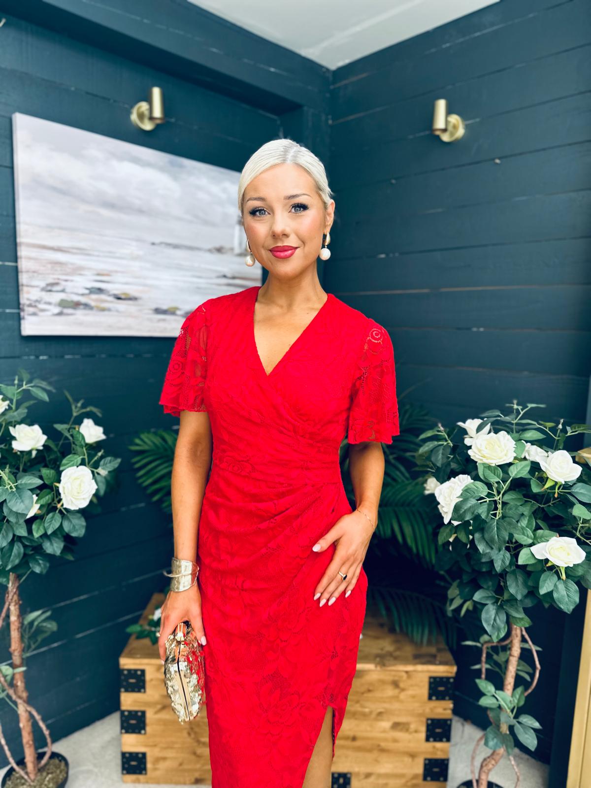 Natasha Angel Sleeve Midi Dress In Red Lace