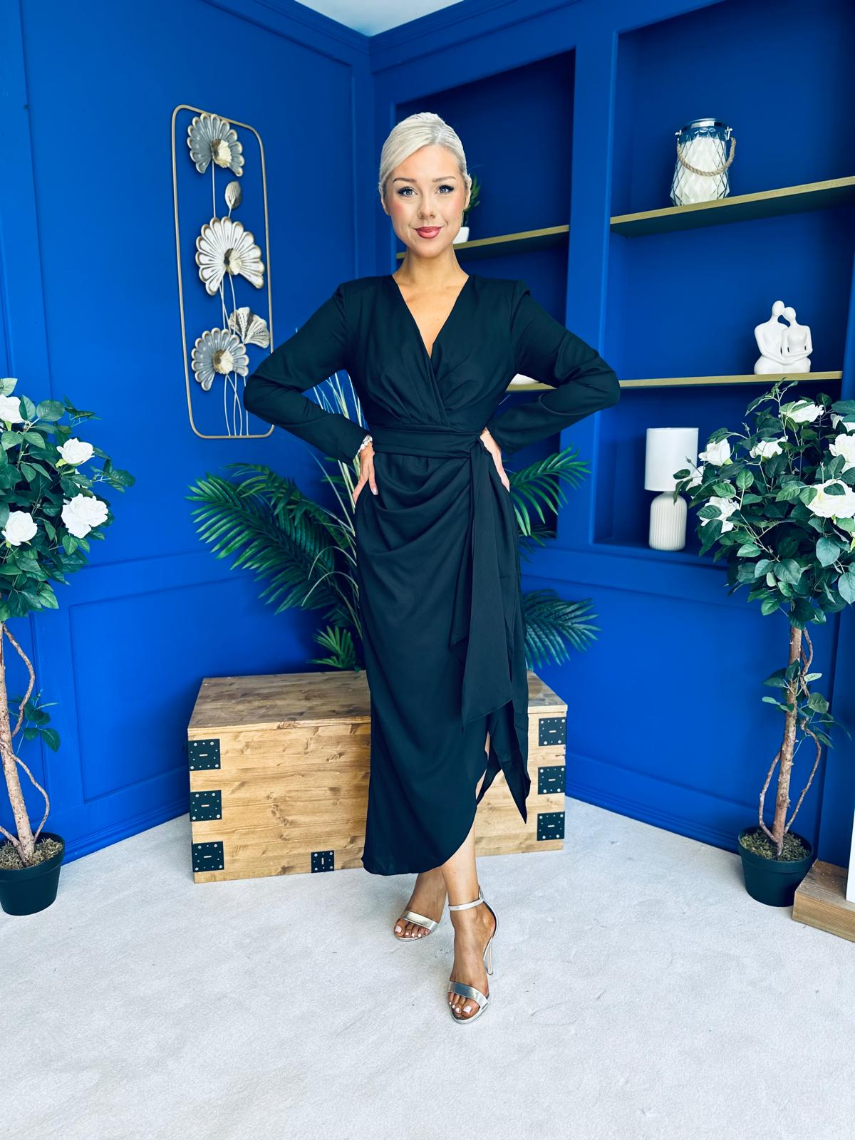 Bria Gathered Detail Midi Dress Black