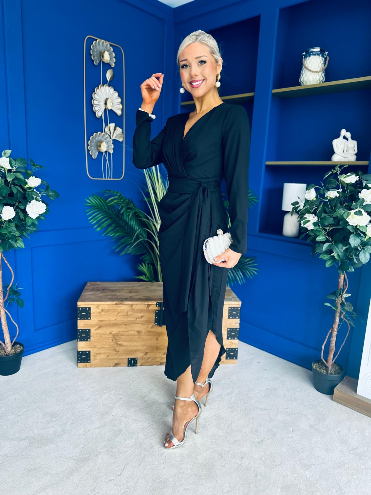 Bria Gathered Detail Midi Dress Black