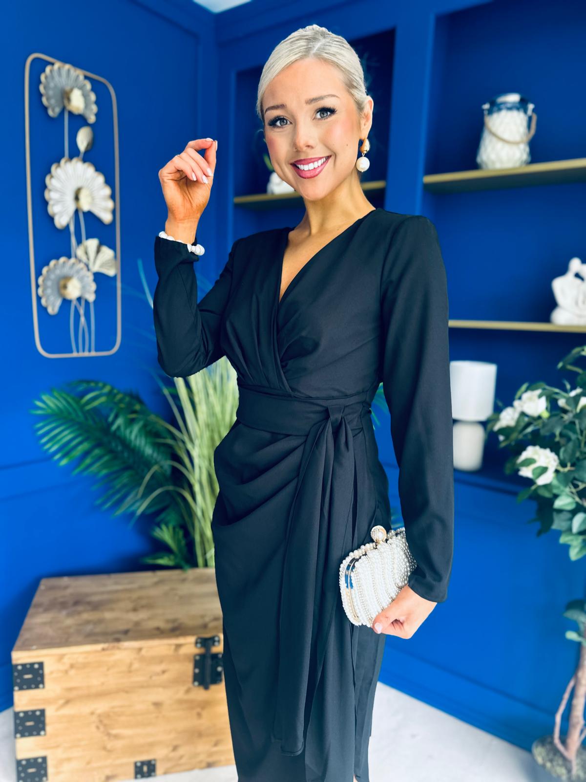 Bria Gathered Detail Midi Dress Black