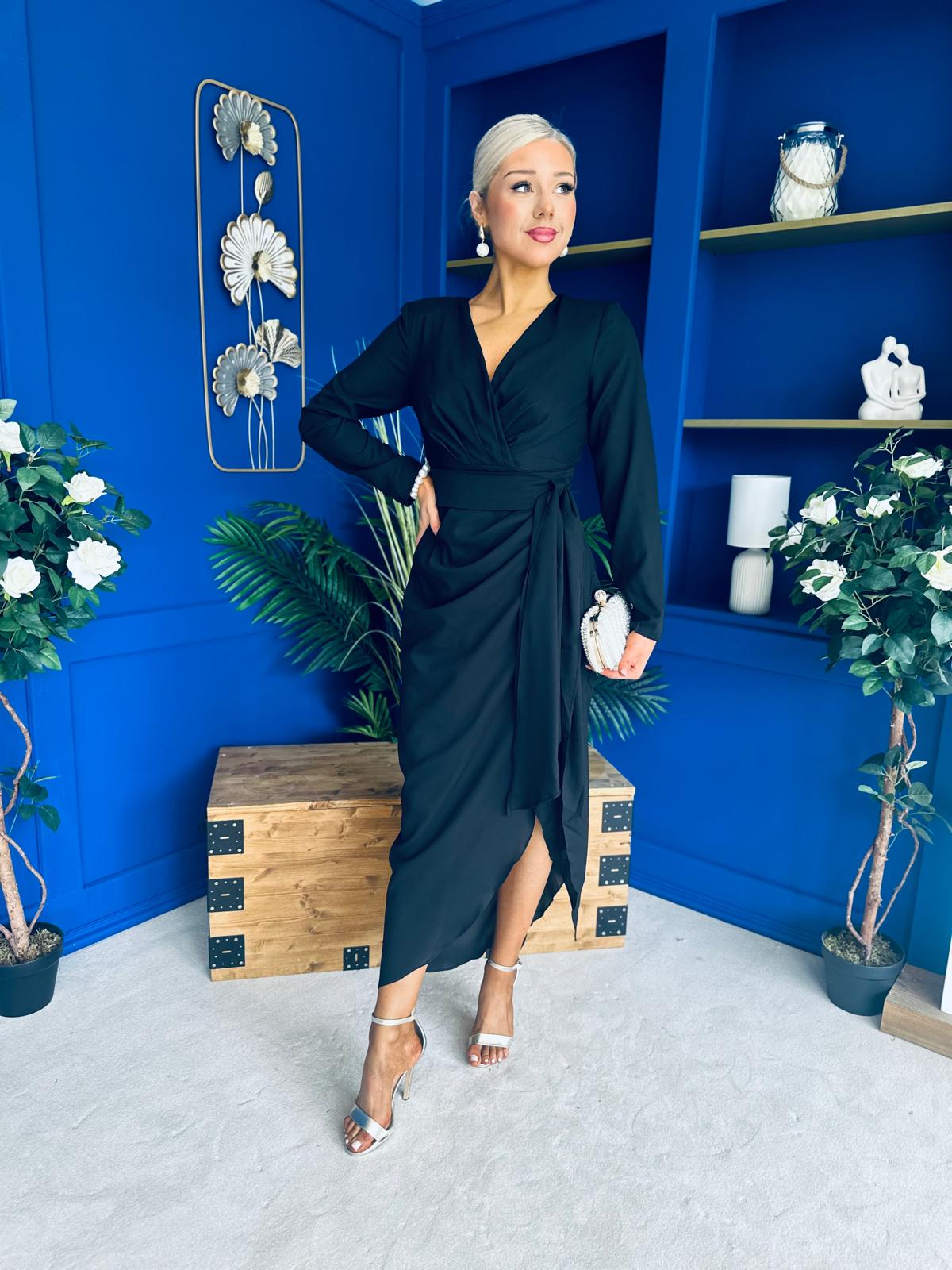 Bria Gathered Detail Midi Dress Black