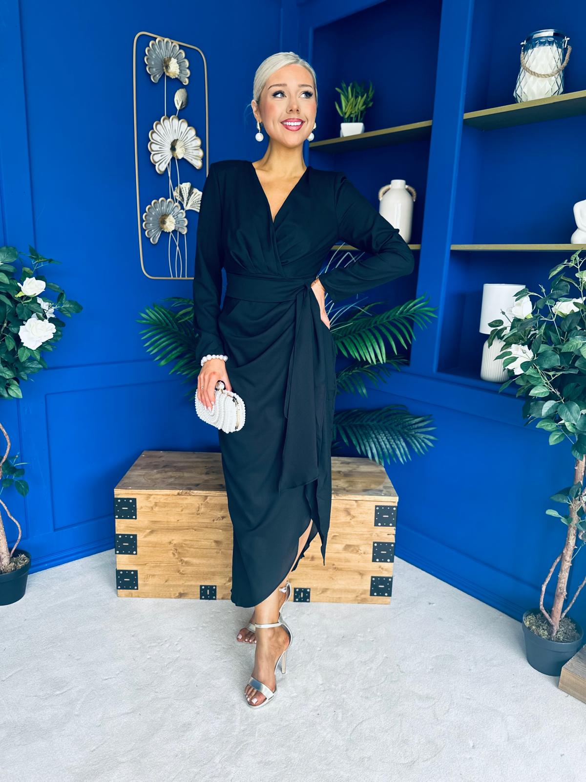 Bria Gathered Detail Midi Dress Black