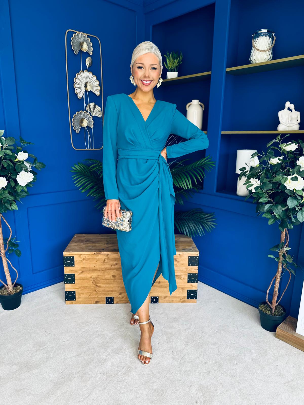 Bria Gathered Detail Midi Dress Teal