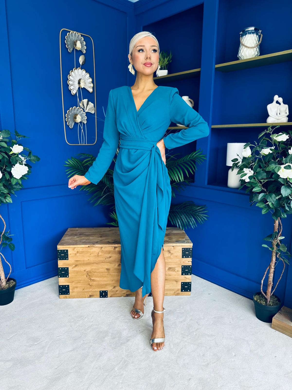 Bria Gathered Detail Midi Dress Teal