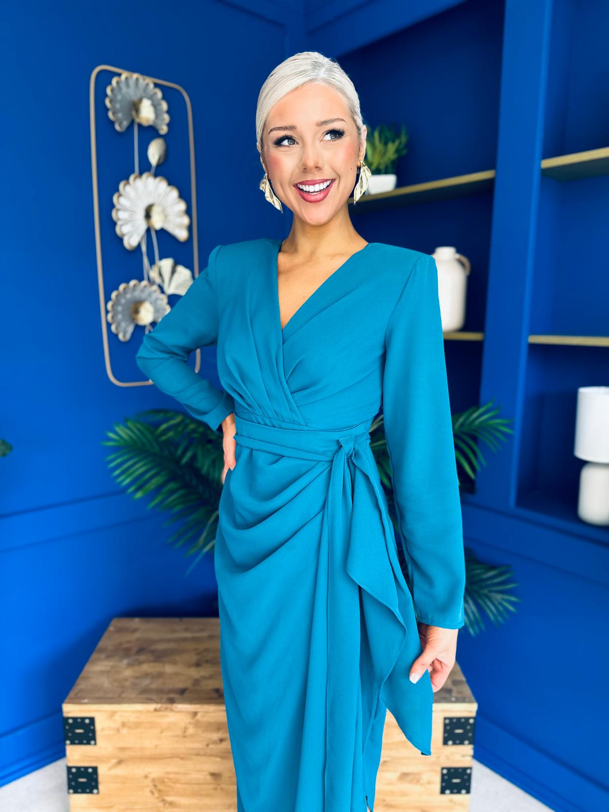 Bria Gathered Detail Midi Dress Teal