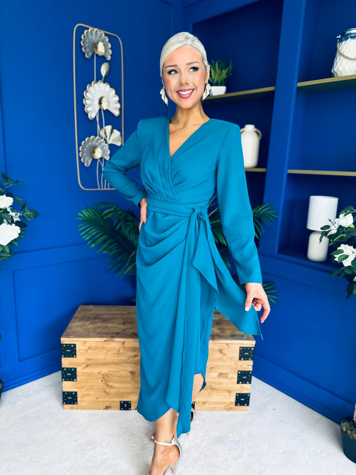 Bria Gathered Detail Midi Dress Teal