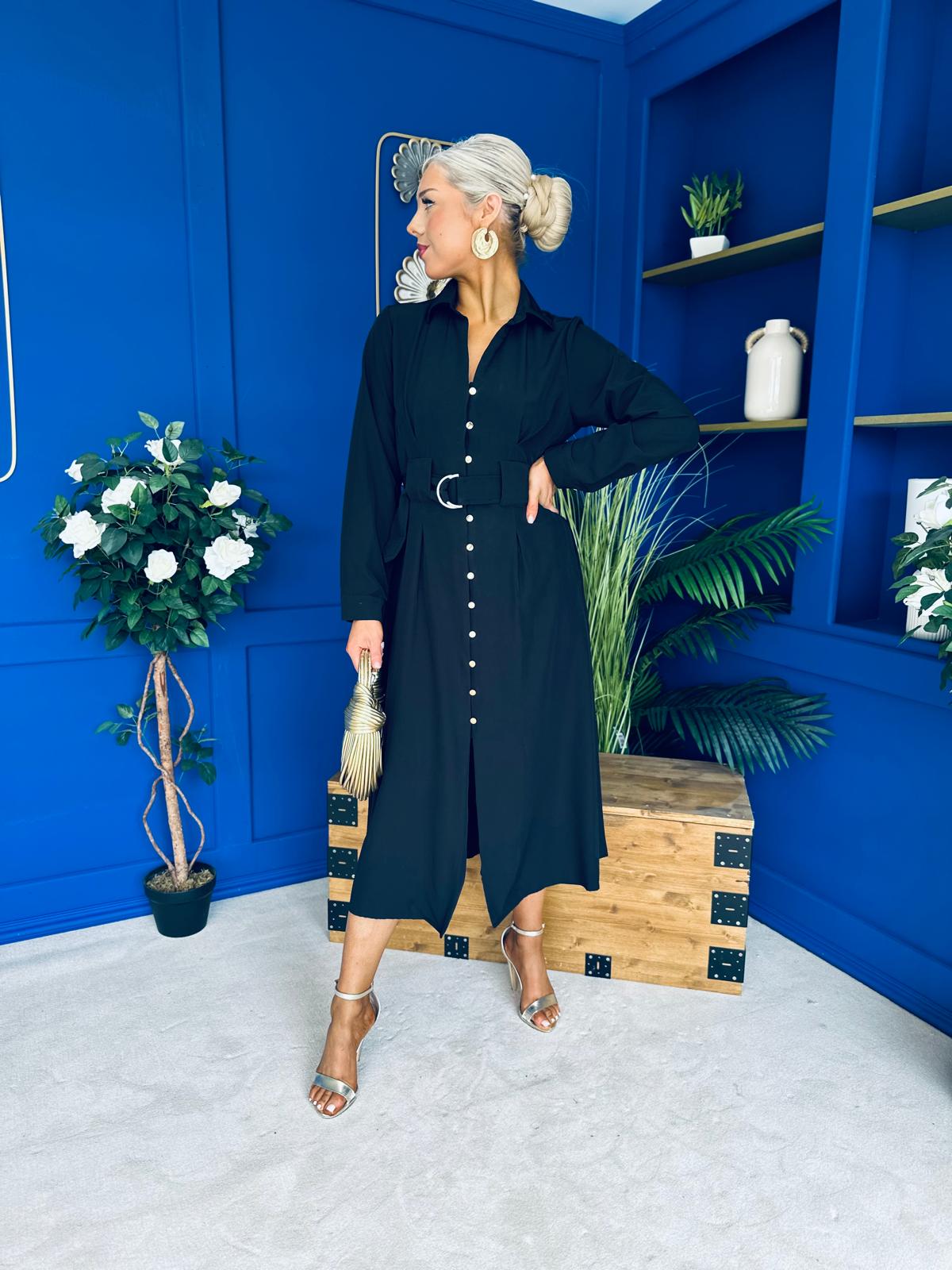 Grace Buckle Detail Midi Shirt Dress Black