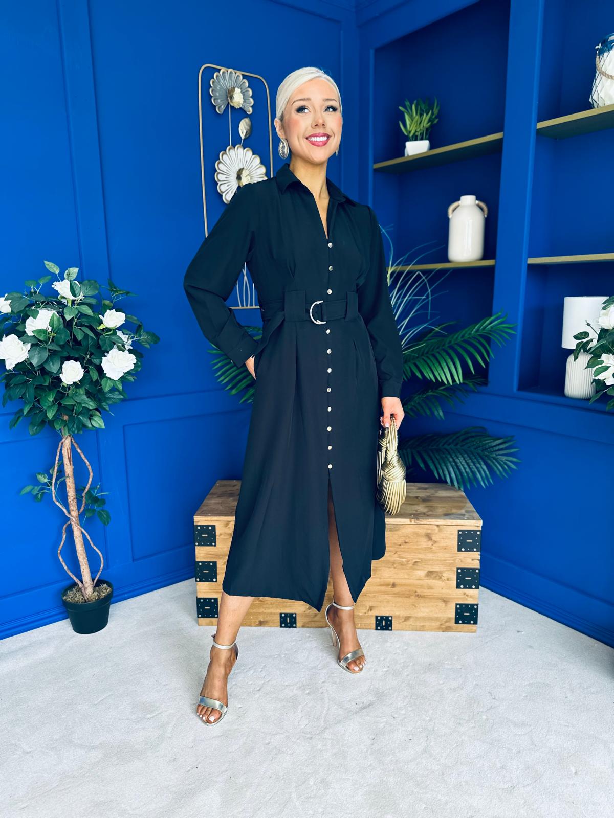Grace Buckle Detail Midi Shirt Dress Black