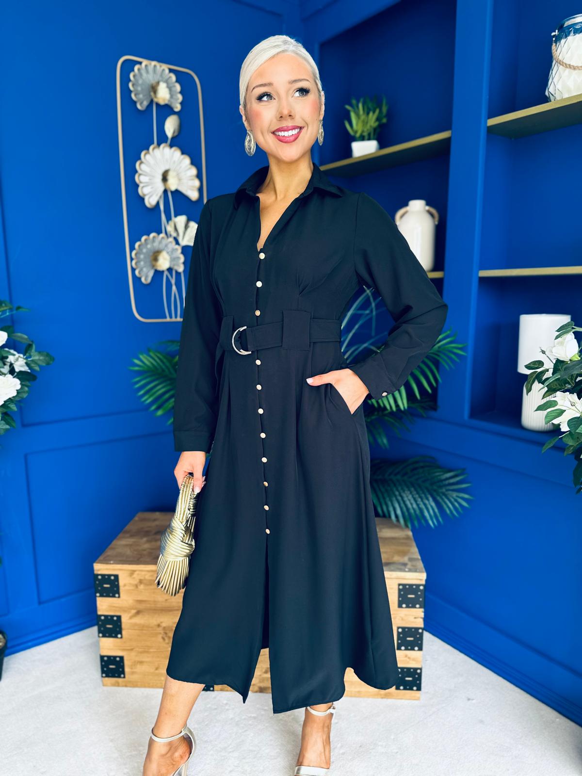 Grace Buckle Detail Midi Shirt Dress Black