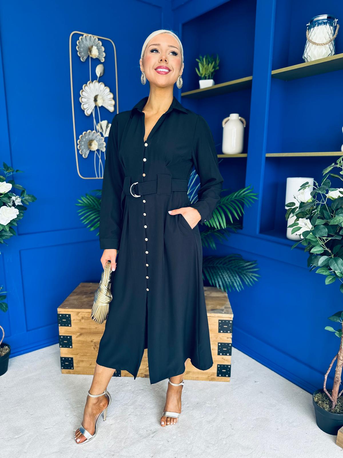 Grace Buckle Detail Midi Shirt Dress Black
