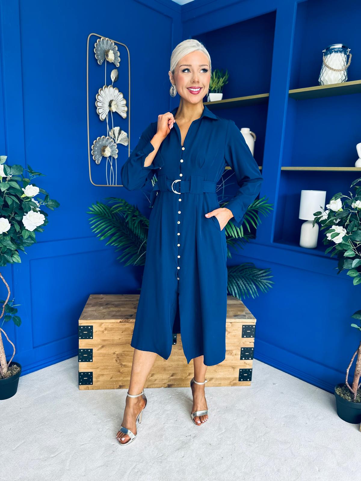 Grace Buckle Detail Midi Shirt Dress Navy