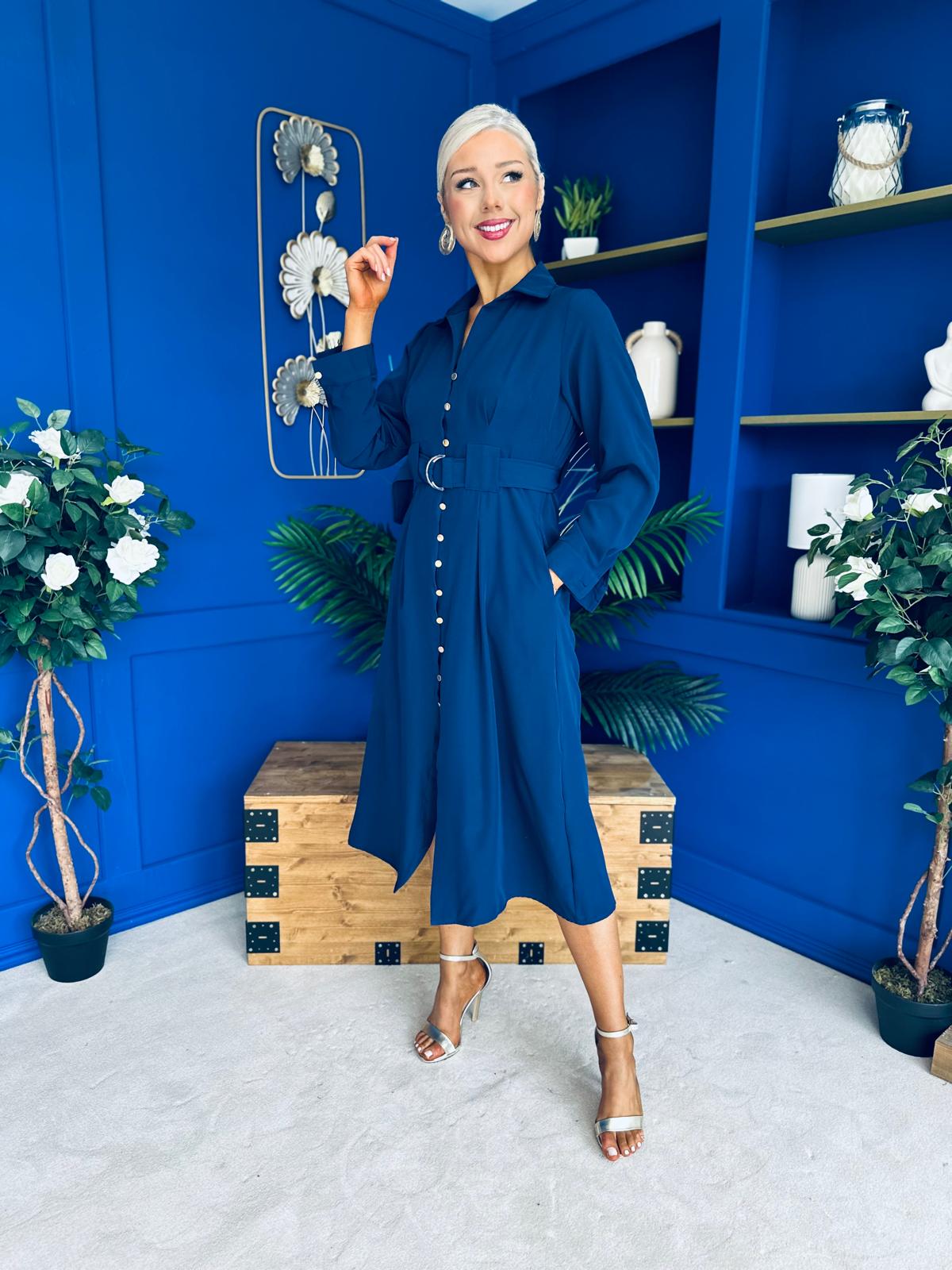 Grace Buckle Detail Midi Shirt Dress Navy