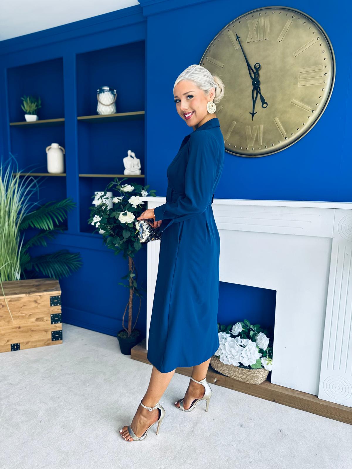 Grace Buckle Detail Midi Shirt Dress Navy