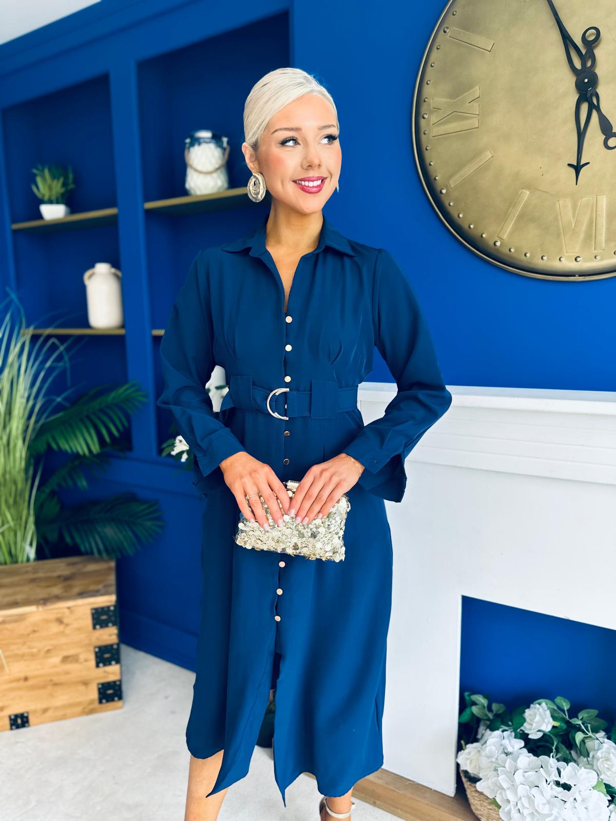 Grace Buckle Detail Midi Shirt Dress Navy