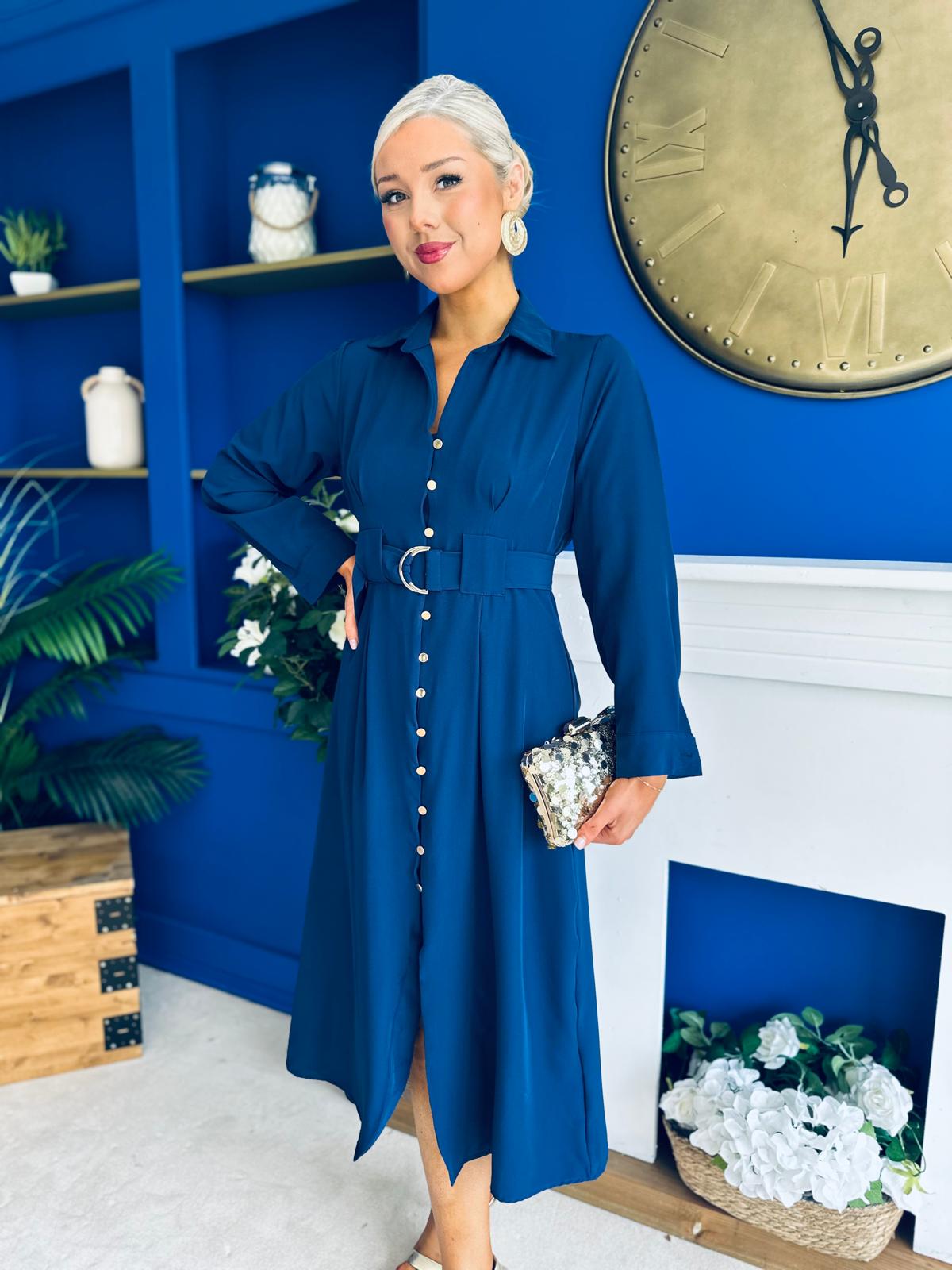 Grace Buckle Detail Midi Shirt Dress Navy