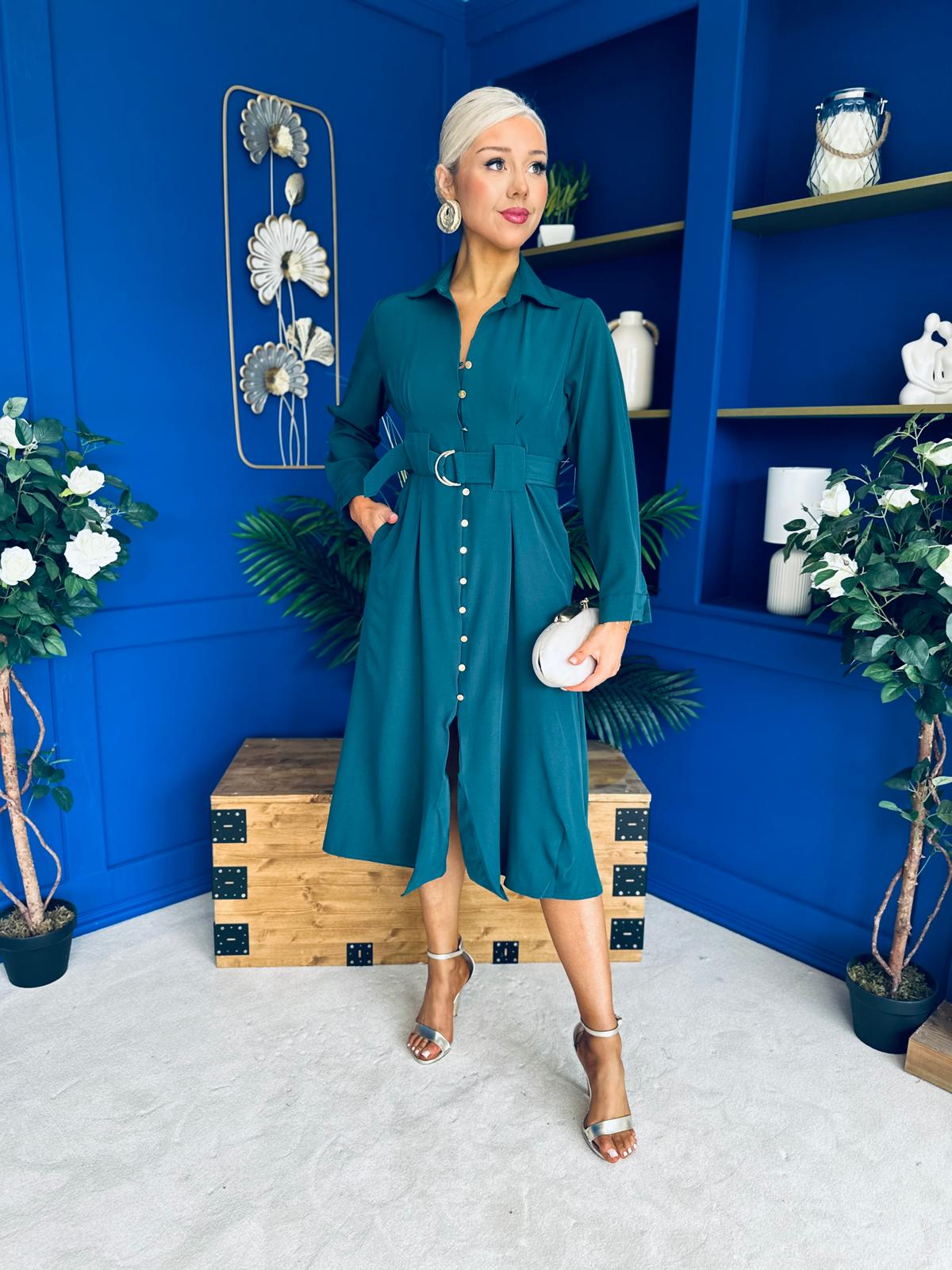 Grace Buckle Detail Midi Shirt Dress Forest