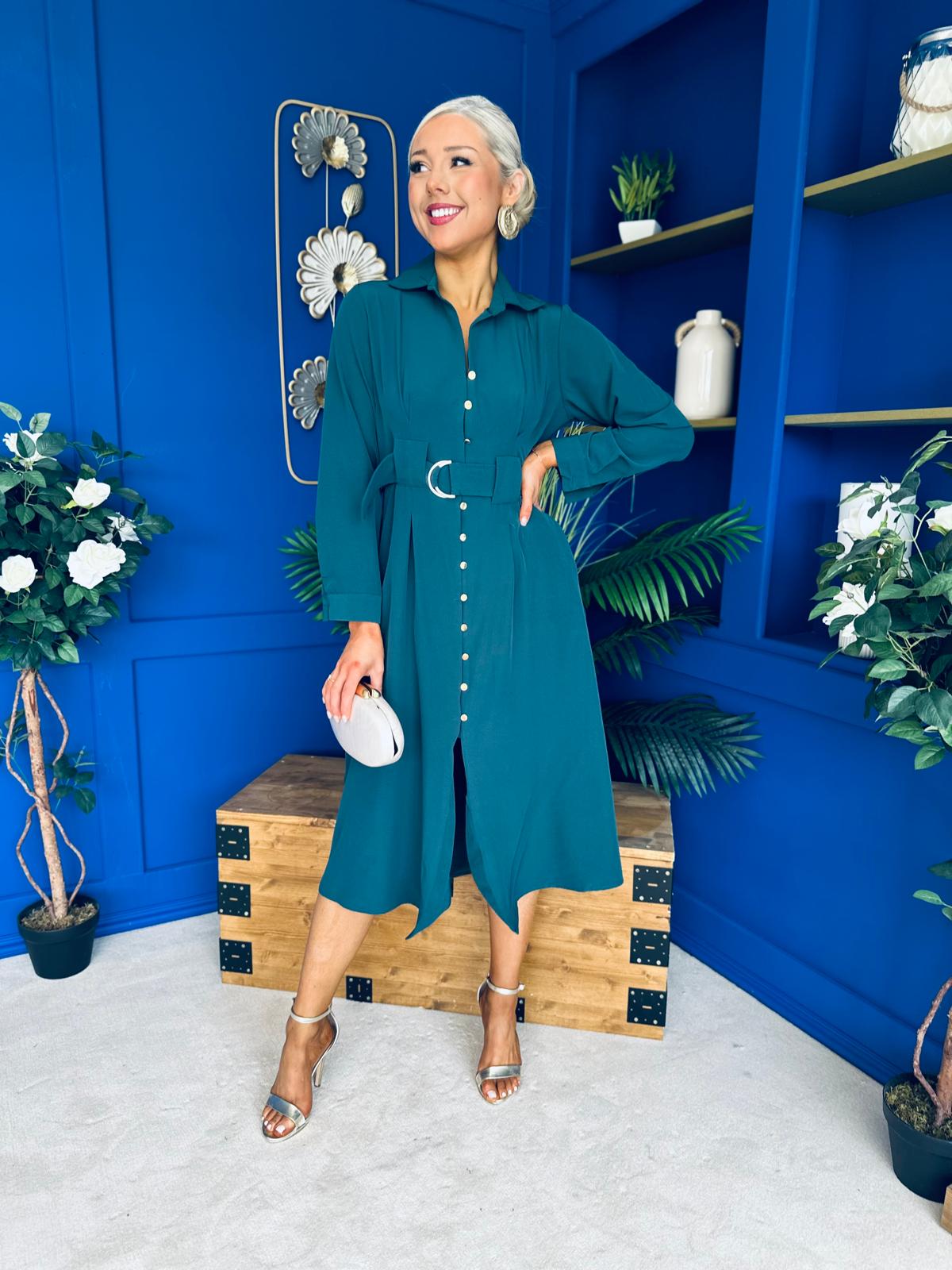 Grace Buckle Detail Midi Shirt Dress Forest
