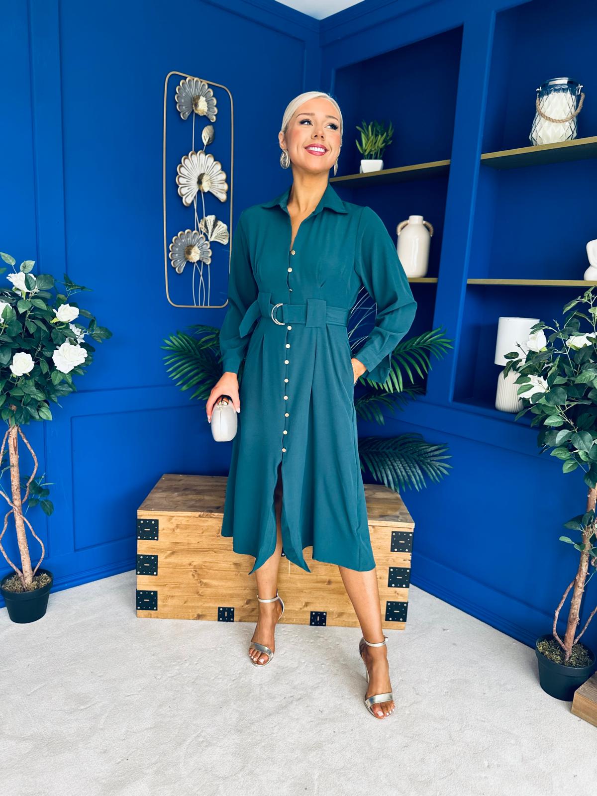 Grace Buckle Detail Midi Shirt Dress Forest