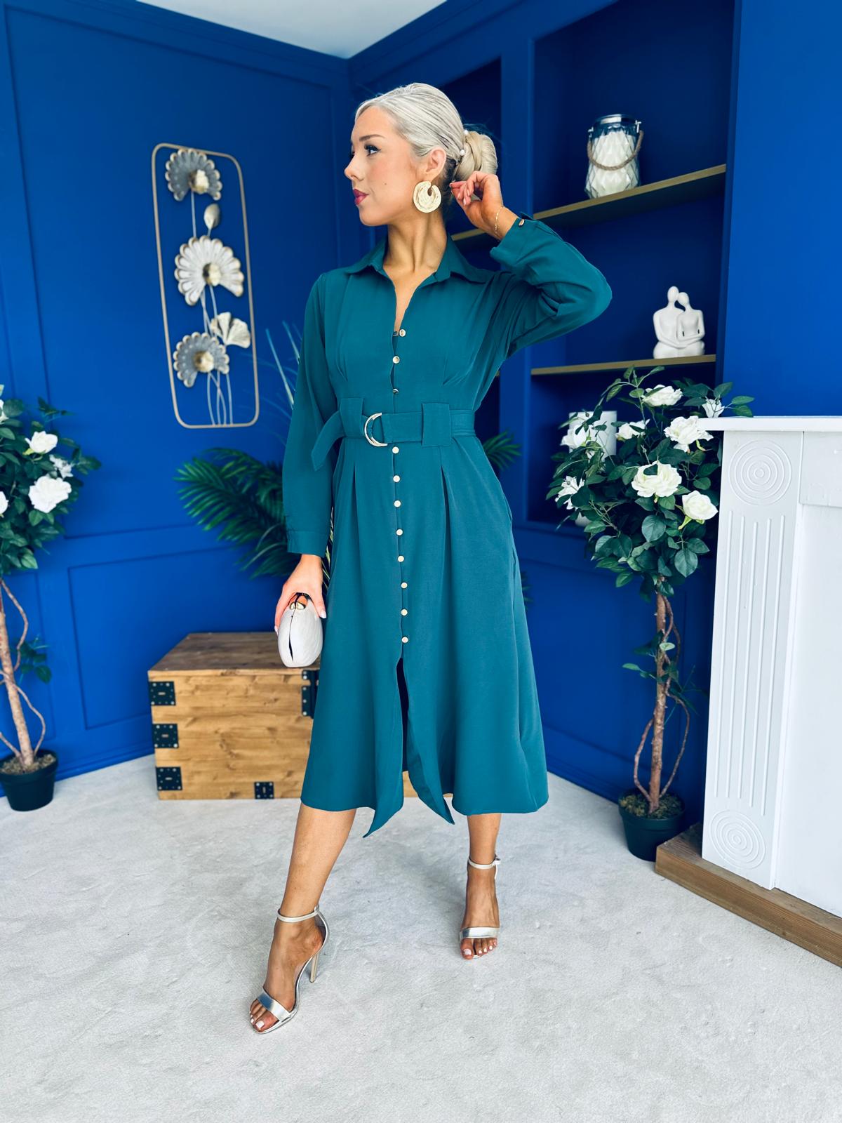 Grace Buckle Detail Midi Shirt Dress Forest