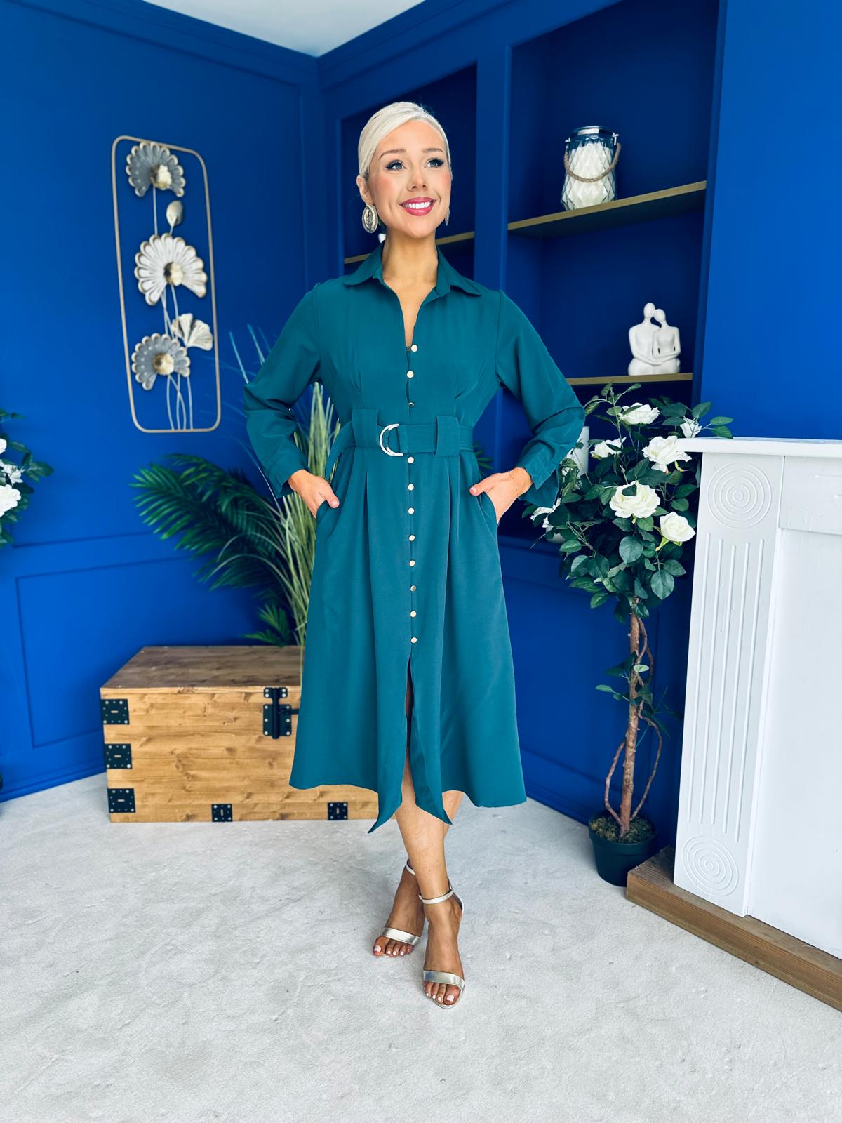 Grace Buckle Detail Midi Shirt Dress Forest