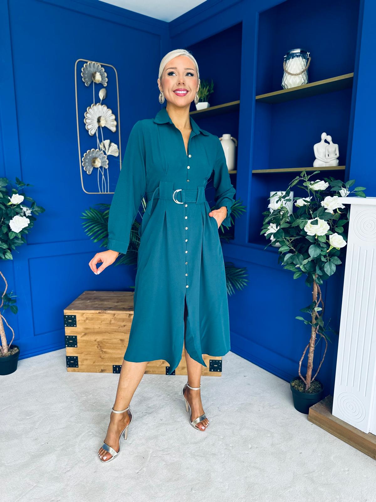 Grace Buckle Detail Midi Shirt Dress Forest