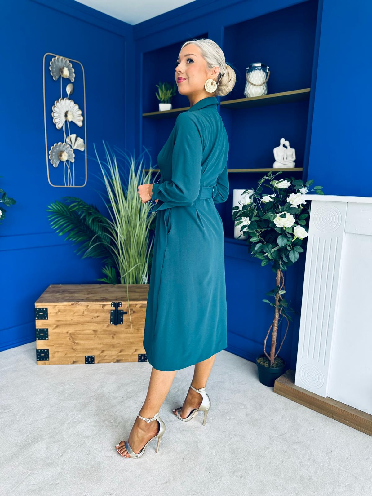 Grace Buckle Detail Midi Shirt Dress Forest