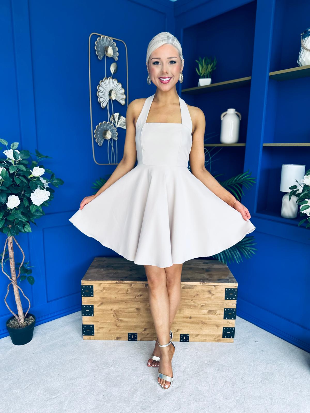 Pandora Halter Neck Mini Skater Dress Stone