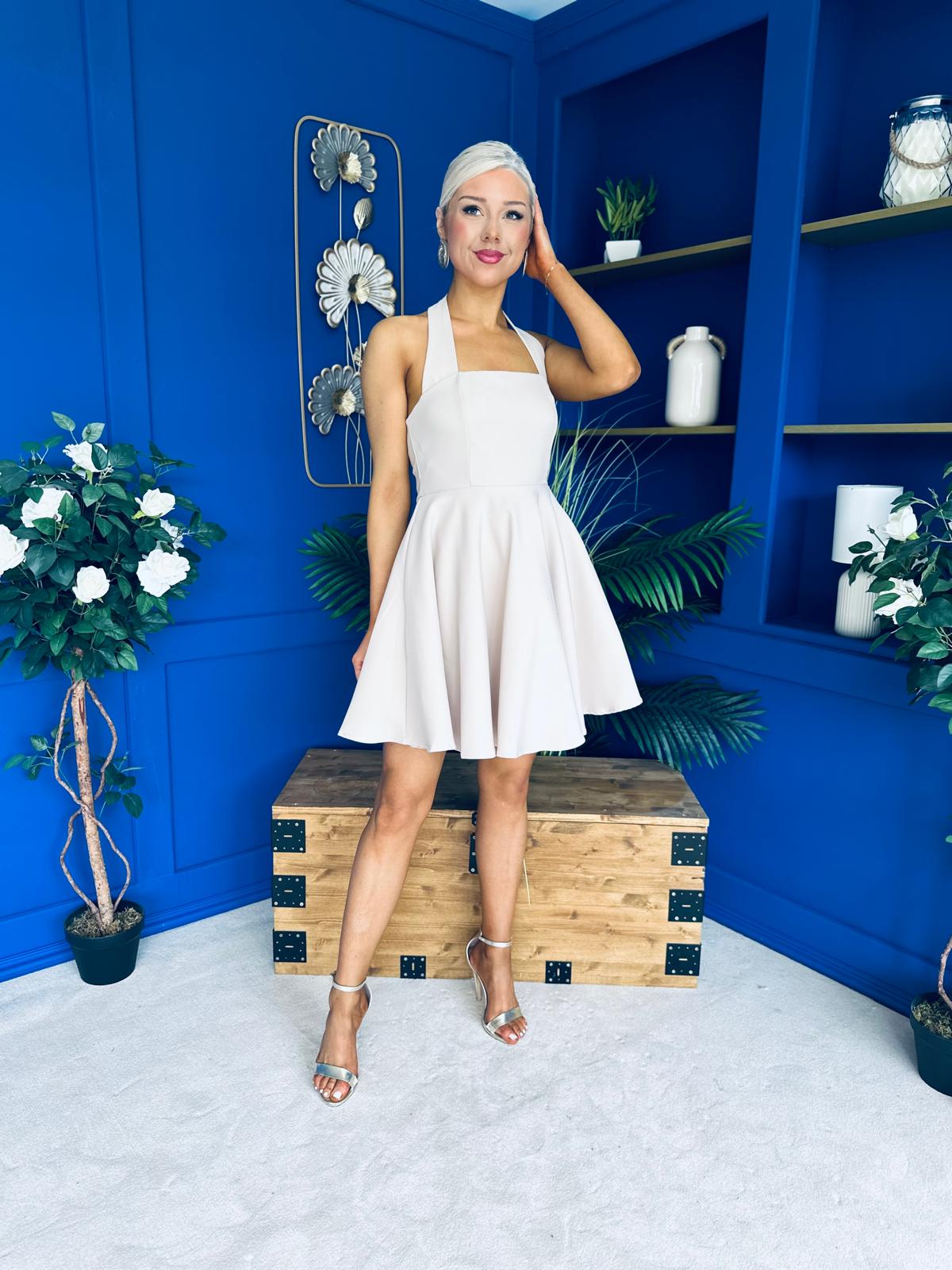 Pandora Halter Neck Mini Skater Dress Stone