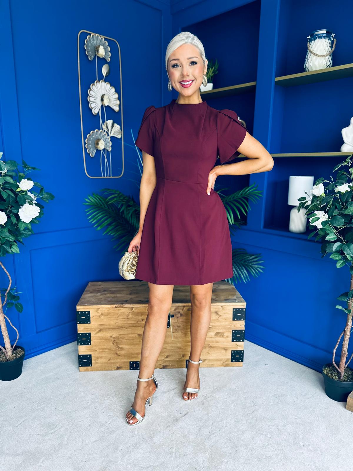 Ami Tulip Sleeve High Neck Mini Dress Wine