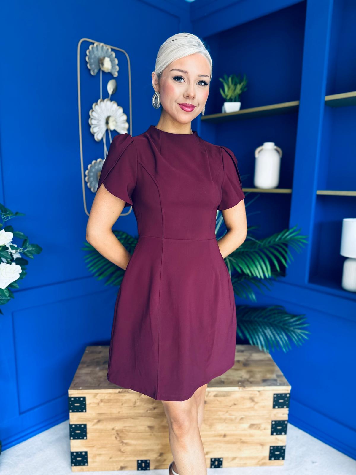 Ami Tulip Sleeve High Neck Mini Dress Wine