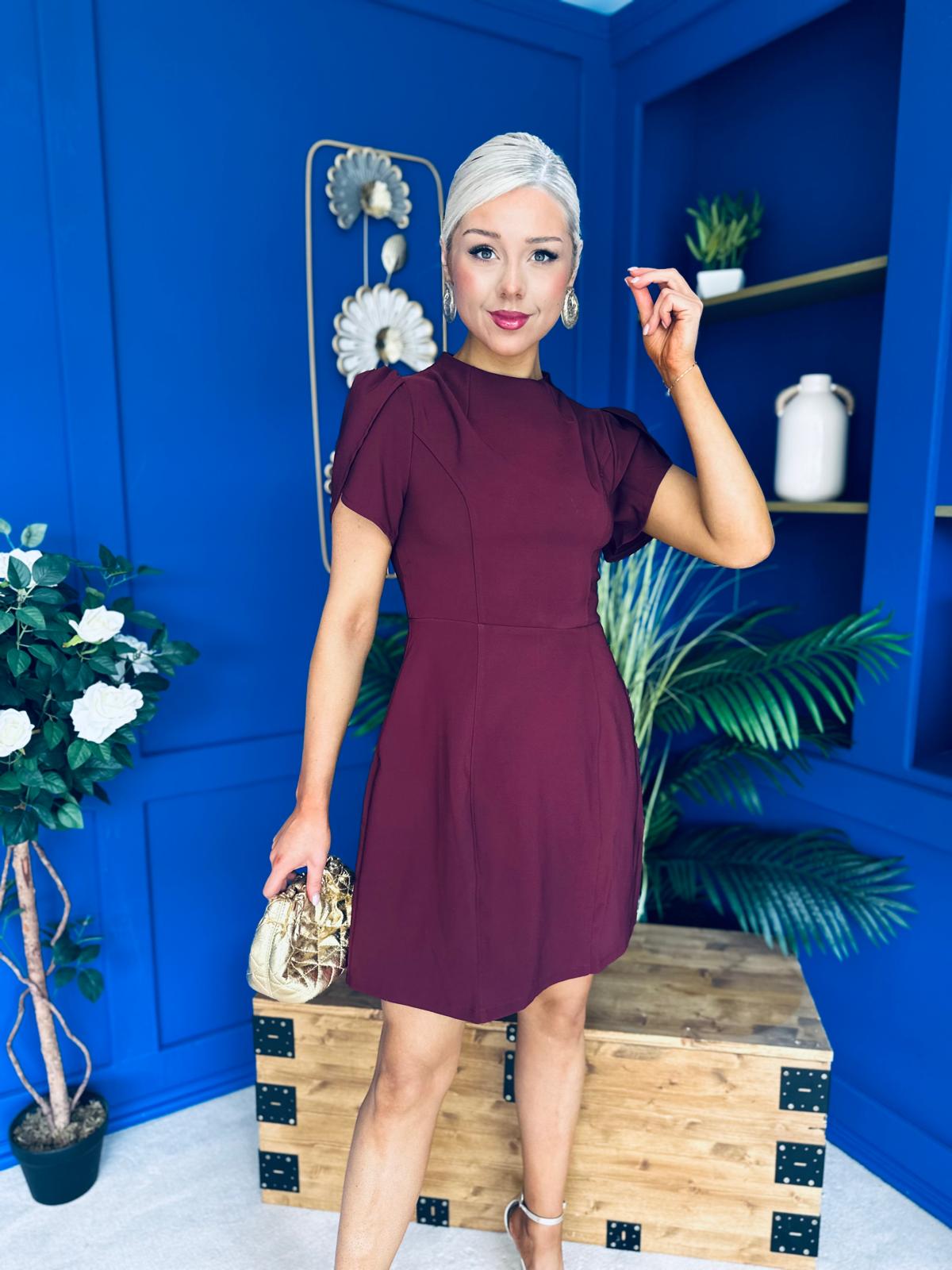 Ami Tulip Sleeve High Neck Mini Dress Wine