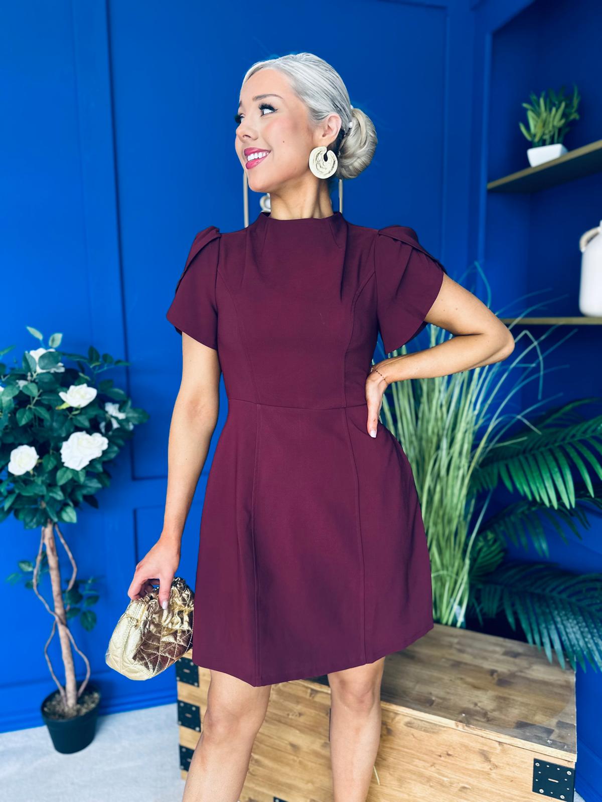 Ami Tulip Sleeve High Neck Mini Dress Wine